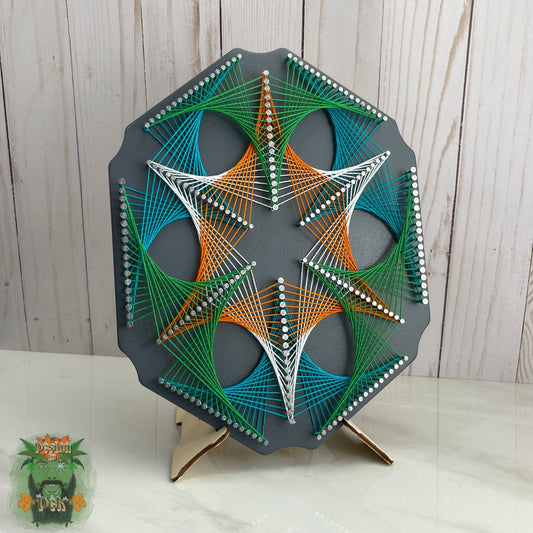 String Art - "Slim Hex - Blue, White, Orange, & Green", Wooden Wall Decor