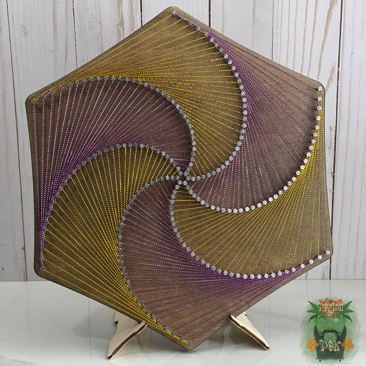 String Art - "Spiral Hex - Purple and Gold", Wooden Wall Decor