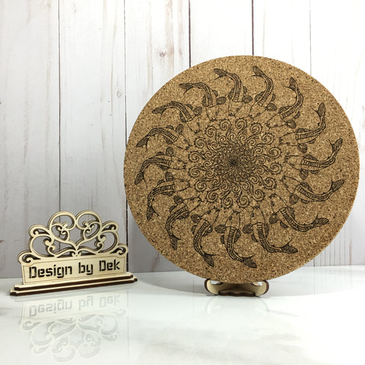 Design by Dek laser-engraved cork trivet featuring hand drawn koi mandala
