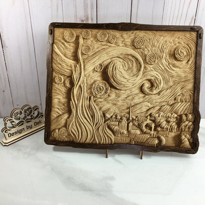 Framed wood engrave of Van Gogh's "The Starry Night"